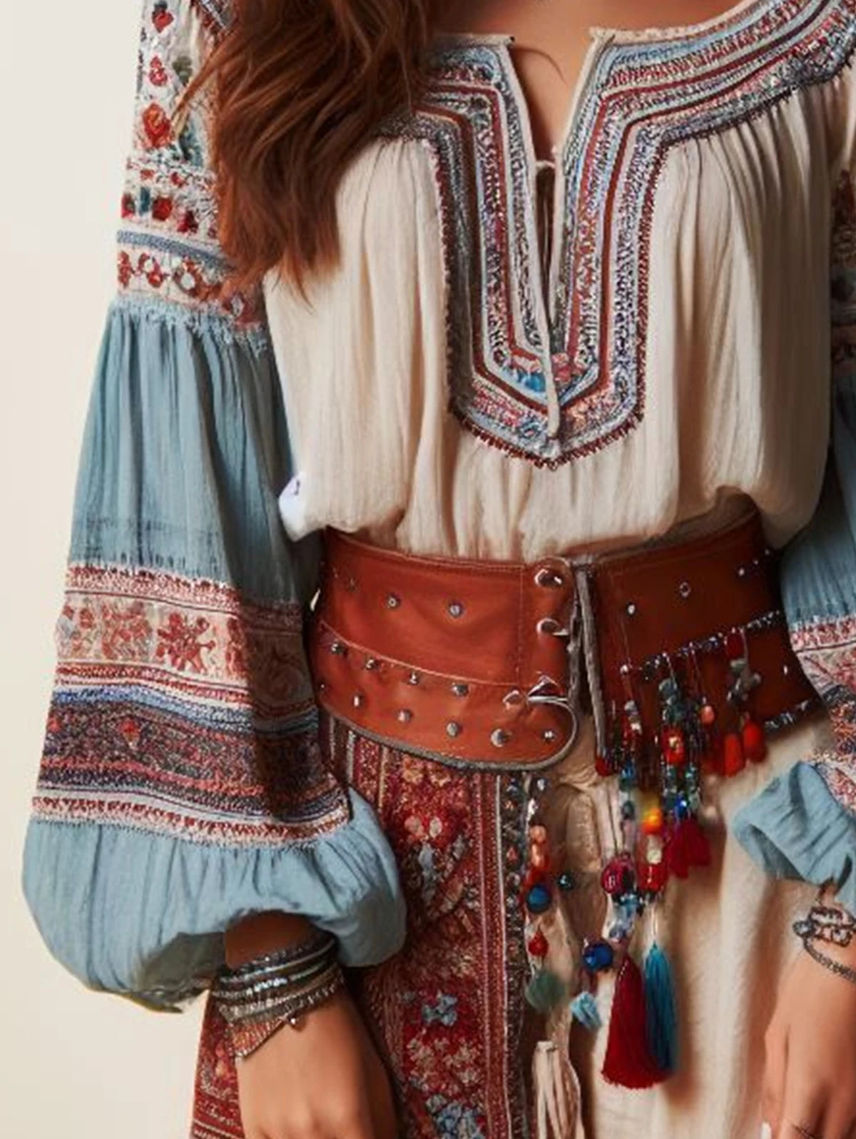 Boho Lantern Sleeve Bluse mit Blumenmuster und Kordelzug – Ethno-Stil für Damen, Perfekt für Frühling, Sommer & Herbst