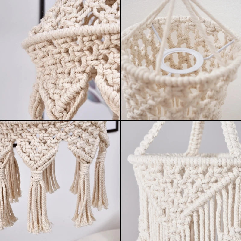Boho Makramee Lampenschirm – Handgewebter DIY LED Kronleuchter Lampenschirm für Wohnzimmer und Tischlampen