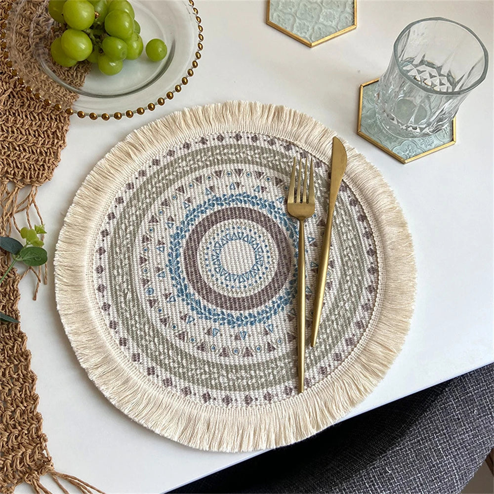 Boho Runde Tischmatte – Handgewebte Leinen-Tassel-Platzmatte mit Stickerei, Rutschfest, Isolierend, für Esszimmer und Küchen Dekoration
