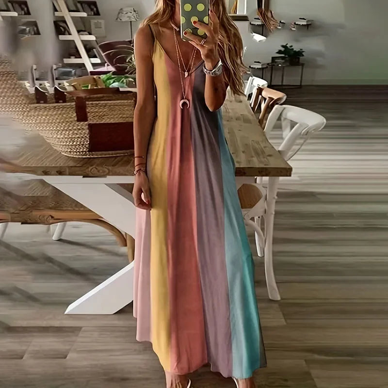 Sexy Gradient Tie-Dye V-Ausschnitt Kleid für Damen – Boho Sommer Trägerkleid, Buntes Urlaubs-Party Kleid