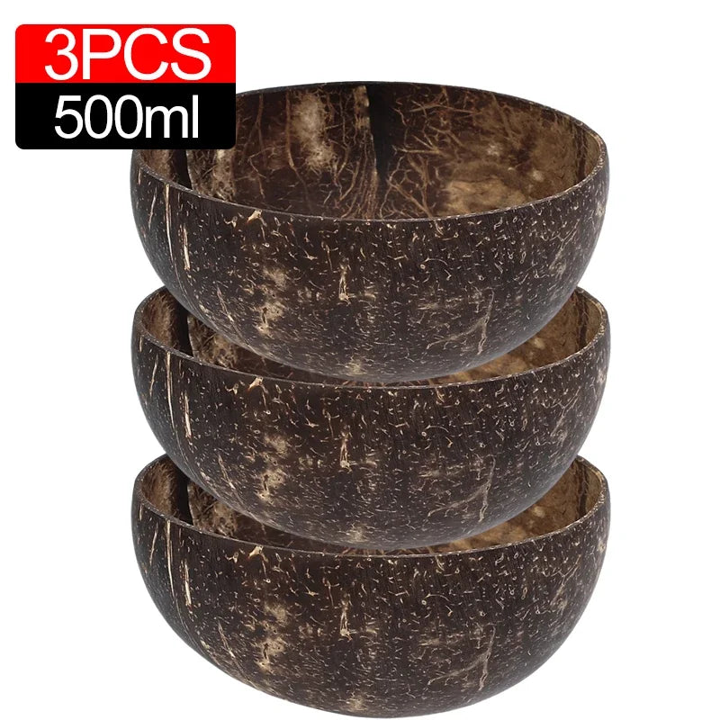 Natürliche Kokosnussschalen Set – 6/1 Stück Holzsalatschalen mit Löffel für Smoothies und Ramen