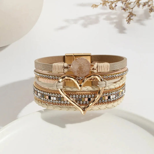 Boho-Lederarmband mit Herz-Charm – Fashion Armband für Damen mit Strass und Resin für Paare