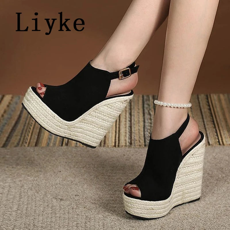 Liyke Sommer Peep-Toe Wedge-Sandalen für Damen – Modische Plattform High Heels mit Schnallenriemen