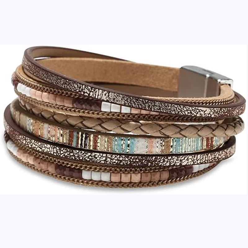 Boho Leder-Wickelarmband für Damen – Mehrlagiges Leopard-Design mit Kristallperlen