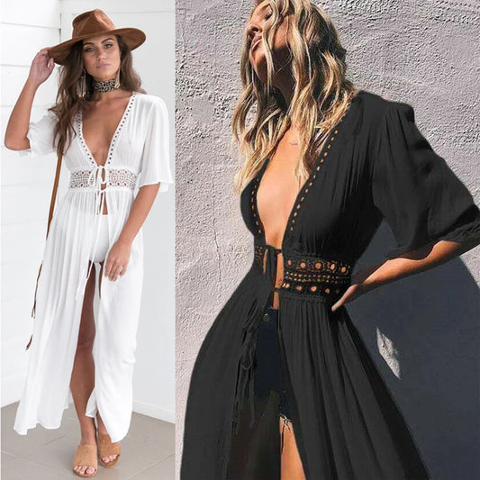 Damen Sommerkleid – Boho Lace-Up Strandkleid, Bikini Cover-Up, Langer Cardigan mit Lochmuster und Sonnenschutz