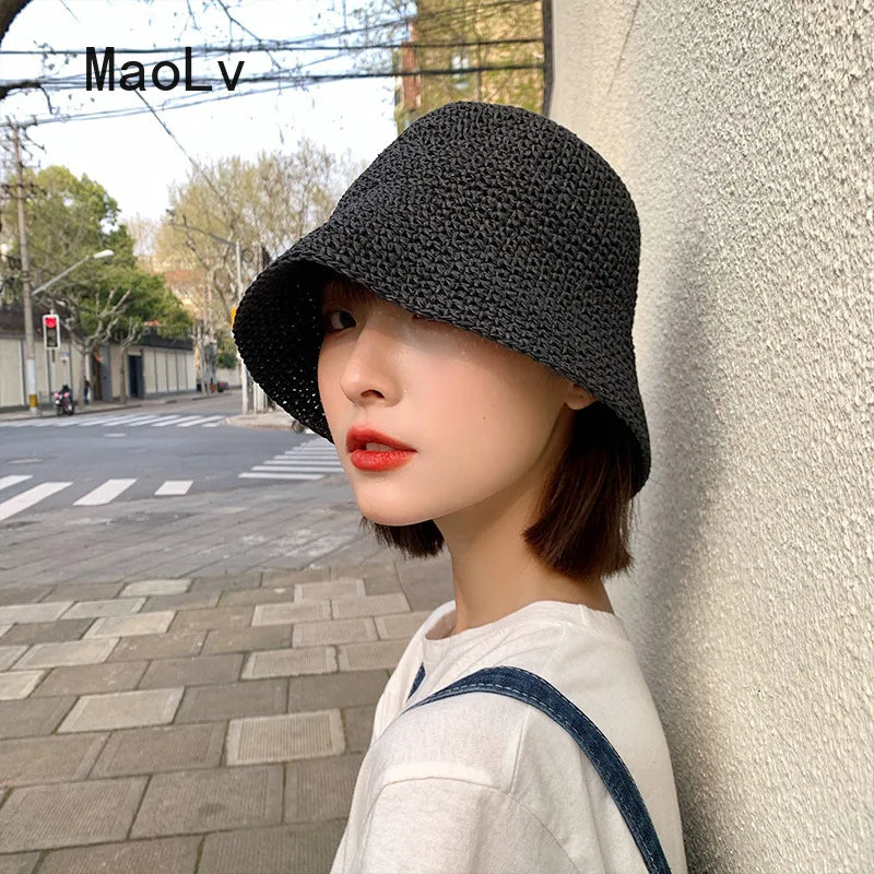 Stilvoller Koreanischer Strohhut für Damen – Sommerlicher Bucket Hat im Panama-Stil mit Visor und Handgewebtem Design