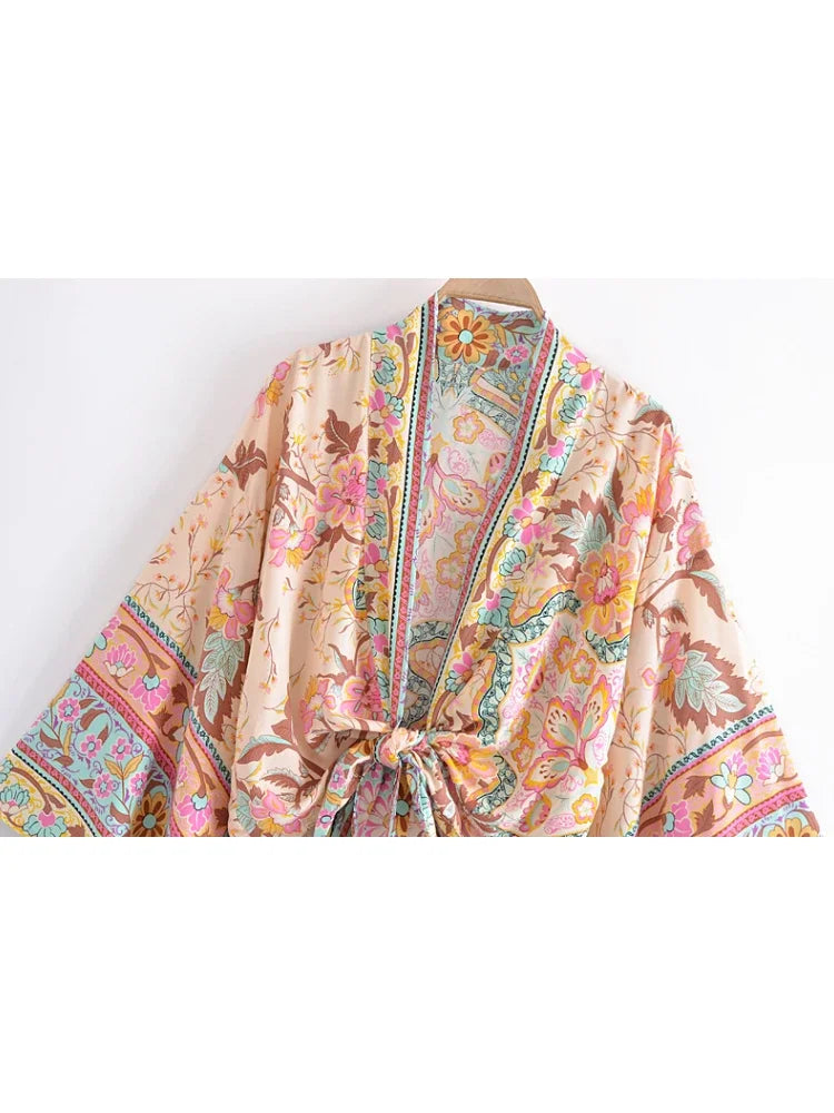 Boho Chic Vintage Peacock Floral Print Kimono für Damen – Batwing Ärmel Strandrobe aus Rayon und Baumwolle