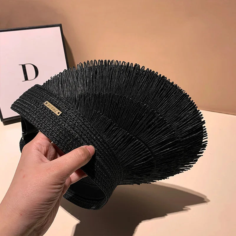Designer Strohhut für Damen mit Fransen – UV-Schutz, Sommerlicher Beach Hat für Outdoor und Sonne