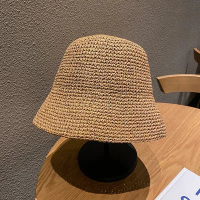Stilvoller Koreanischer Strohhut für Damen – Sommerlicher Bucket Hat im Panama-Stil mit Visor und Handgewebtem Design