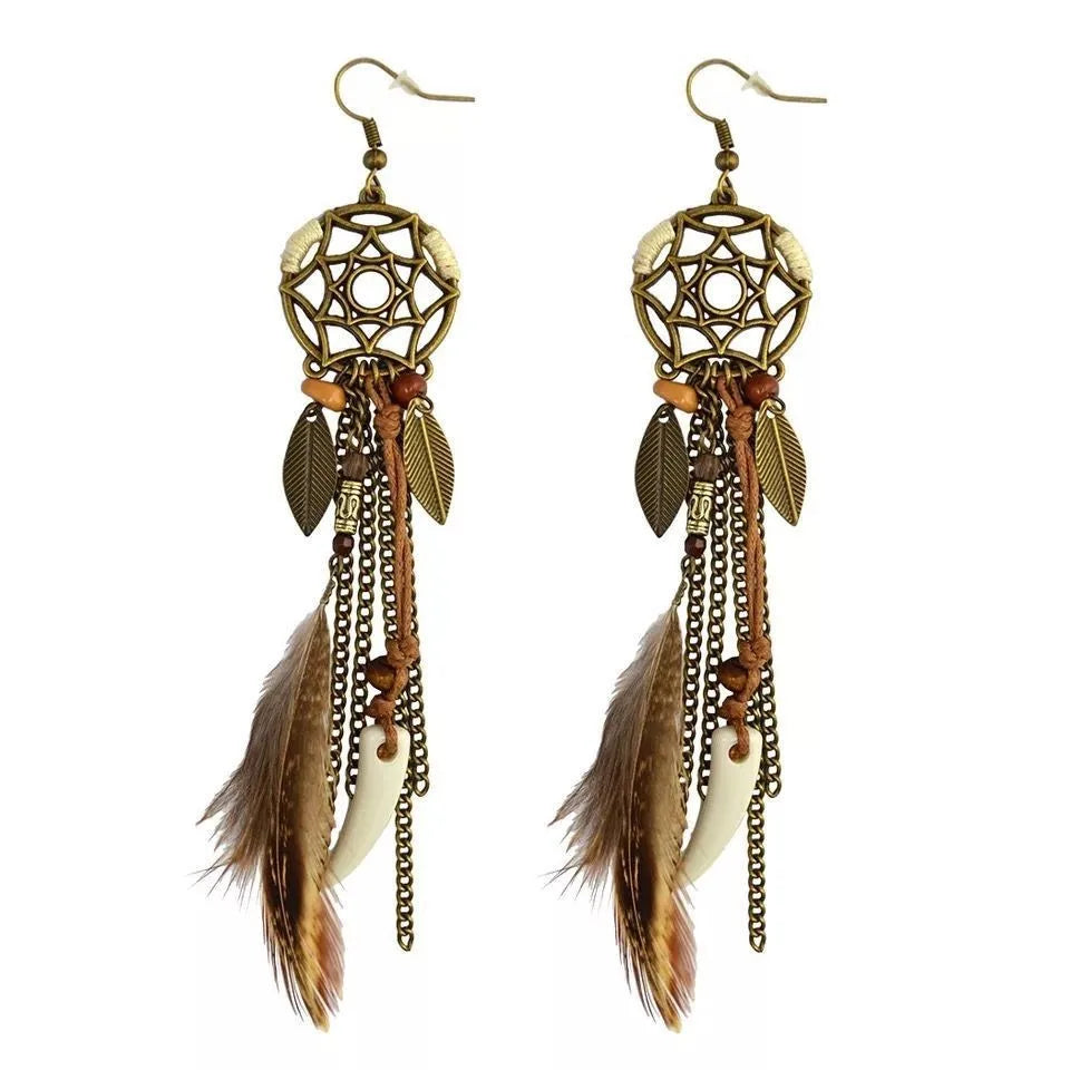 Boho Tribal Ethnische Dream Catcher Ohrringe mit Federn und Fransen – Vintage Style für Frauen