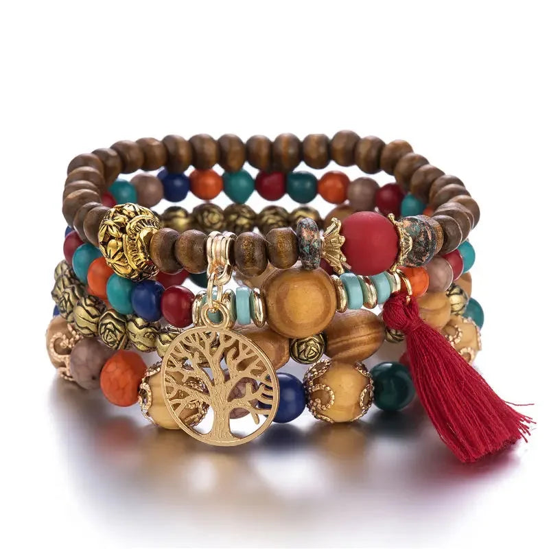 4-teiliges Boho Holz Perlen Armband Set für Frauen – Baum des Lebens mit weißen Fransen Charme, elastischer Kettenbangle, Bohemia Schmuck