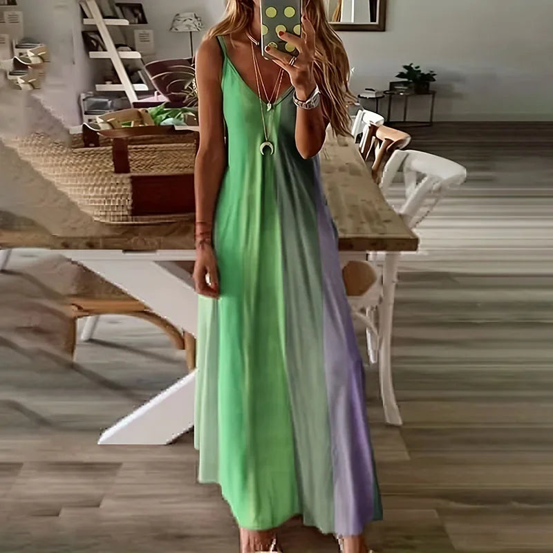 Sexy Gradient Tie-Dye V-Ausschnitt Kleid für Damen – Boho Sommer Trägerkleid, Buntes Urlaubs-Party Kleid