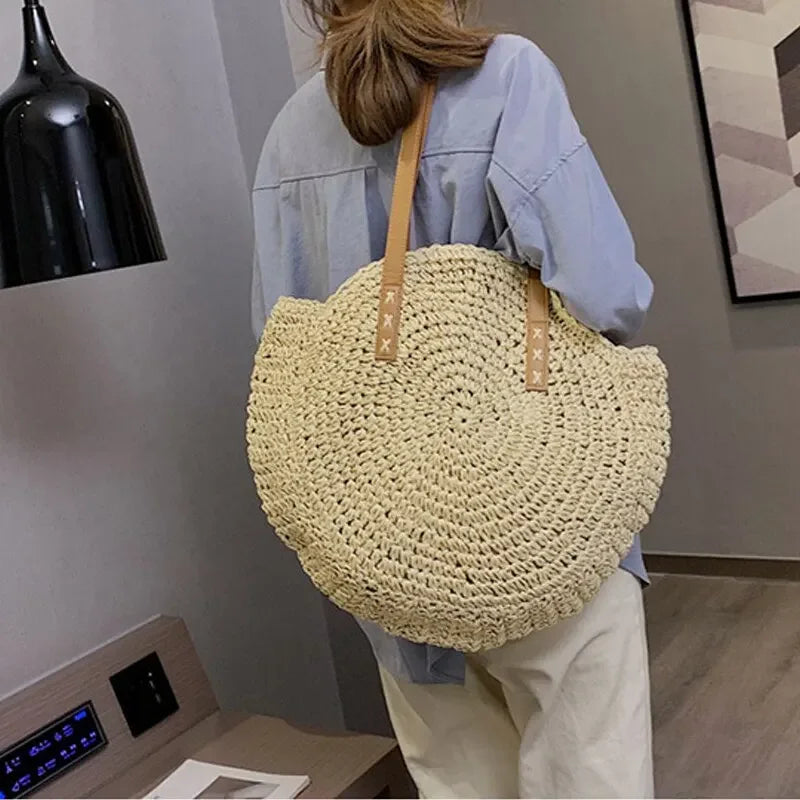 Runde Strohtasche Boho Stil – Handgefertigte Woven Schultertasche aus Rattan für Sommer & Urlaub