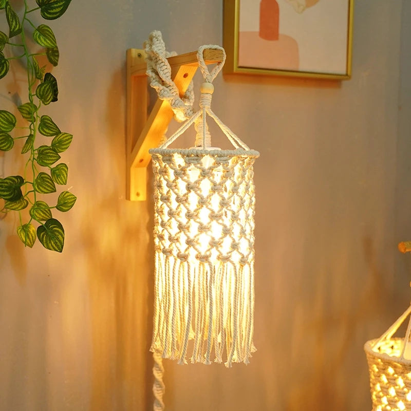 Boho Makramee Lampenschirm – Handgewebter DIY LED Kronleuchter Lampenschirm für Wohnzimmer und Tischlampen