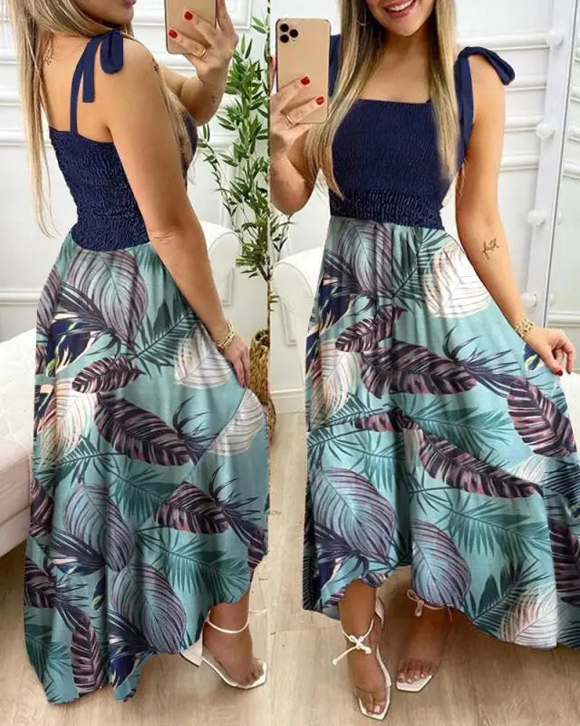 Sommerliches Sexy Maxikleid mit Spaghettiträgern und Blumendruck für Damen 2024 – Elegantes Strandkleid für den Urlaub