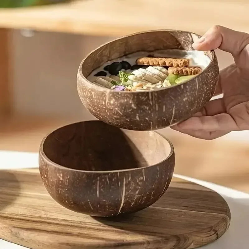 Natürliche Kokosnussschalen Set – 6/1 Stück Holzsalatschalen mit Löffel für Smoothies und Ramen