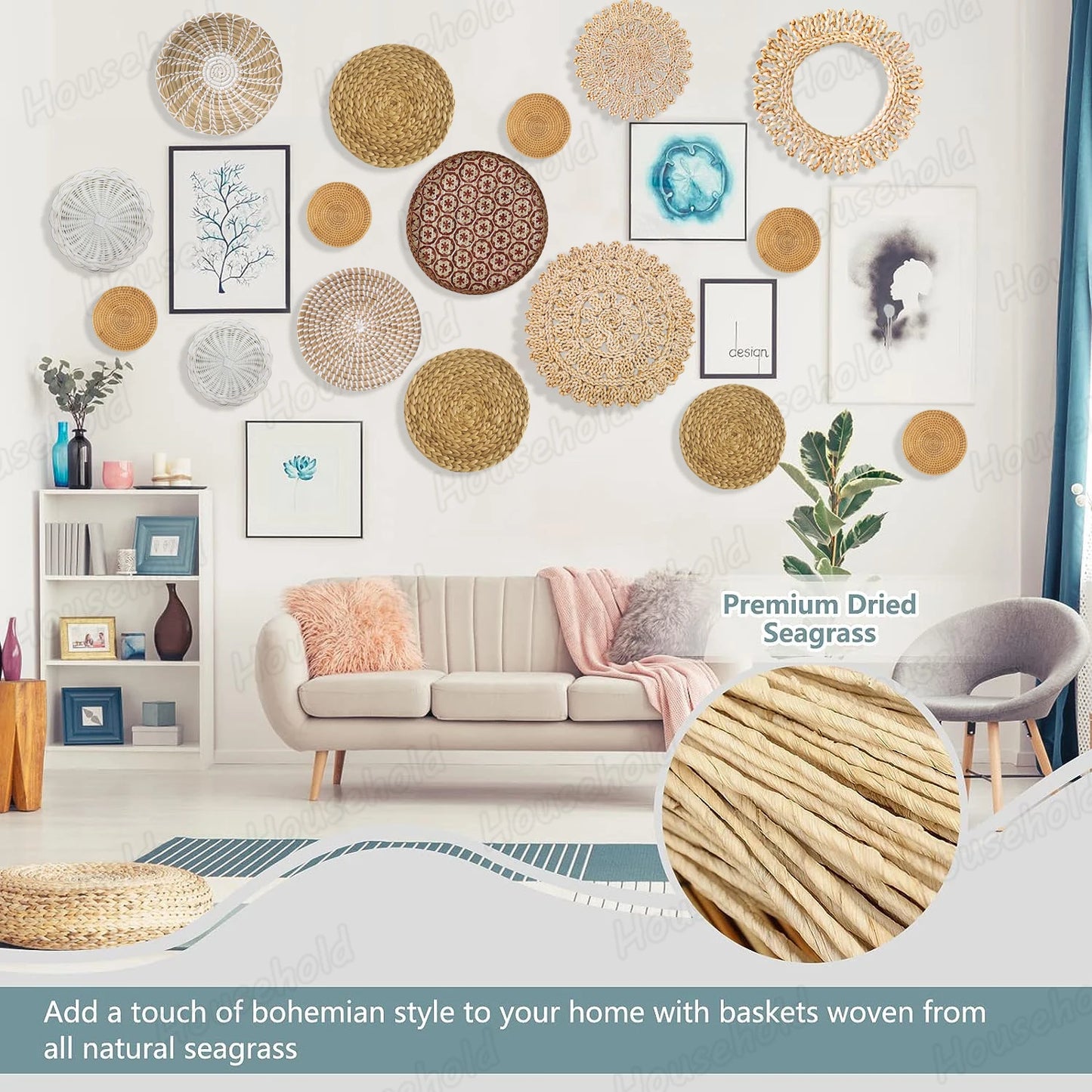 Set aus 16 Handgewebten Boho Wandkörben – Runde Rattan- und Seegras-Baskets für Wohnzimmer, Küche und Schlafzimmer