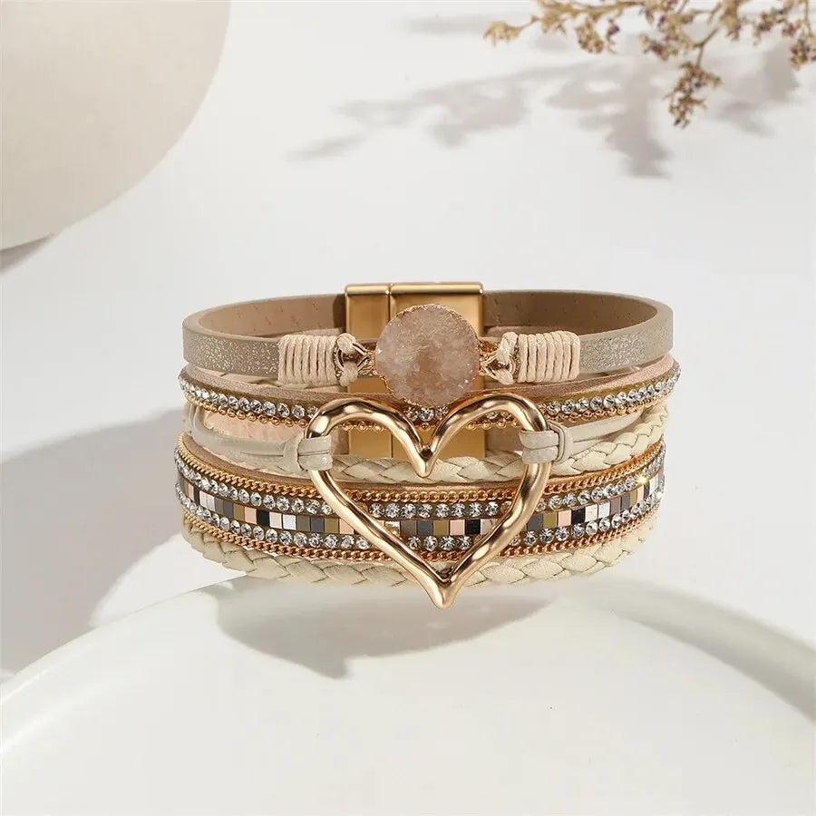 Boho-Lederarmband mit Herz-Charm – Fashion Armband für Damen mit Strass und Resin für Paare