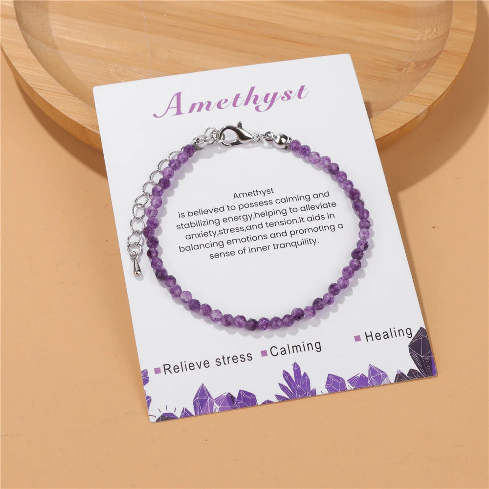 Natürliche Facettierte Steinarmbänder (3mm)  – Amethyst- und Quarz-Armband für Damen mit Reiki-Heilkarte