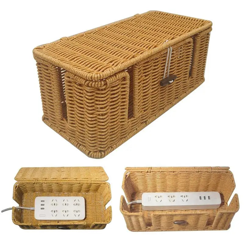 Handgefertigte Kabel-Aufbewahrungsbox aus Imitations-Rattan mit 4 Fächern – Praktischer Organizer für TV-Kabel, Computer, Router und USB-Ladegeräte