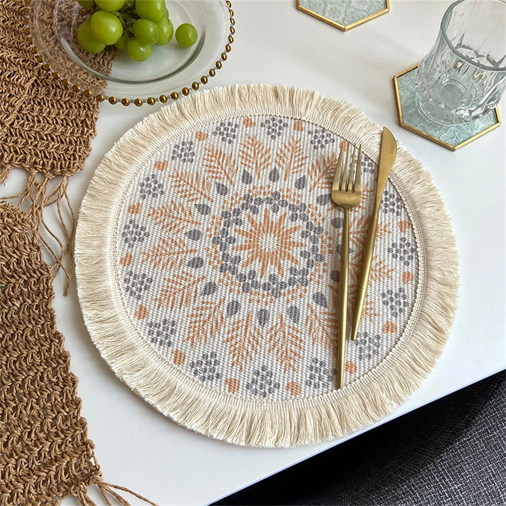 Boho Runde Tischmatte – Handgewebte Leinen-Tassel-Platzmatte mit Stickerei, Rutschfest, Isolierend, für Esszimmer und Küchen Dekoration