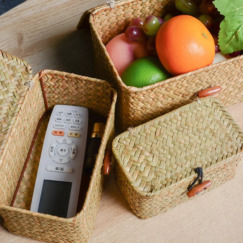 Handgewebter Seagrass Aufbewahrungskorb mit Deckel – Multifunktionaler Organizer für Makeup, Bürobedarf und mehr