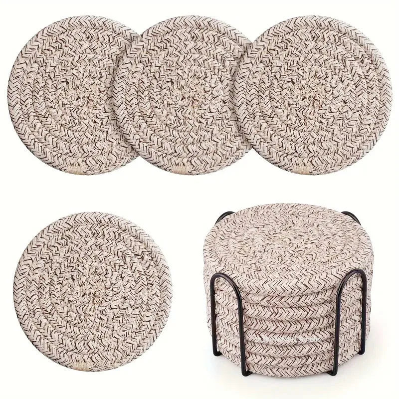 8er-Set Absorbierende Untersetzer für Getränke mit Halter – Minimalistische Baumwollgewebte Coaster für Tischdekoration im Boho-Stil