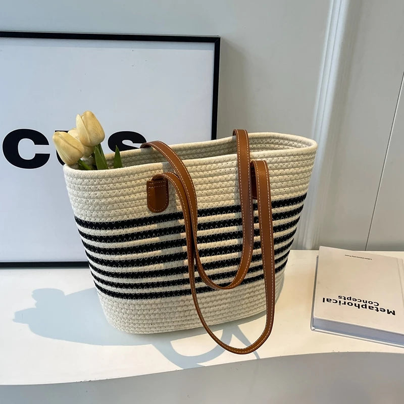 Stylische Streifen-Design Strandtasche aus Stroh – Große Kapazität Boho Handtasche für Shopping & Freizeit