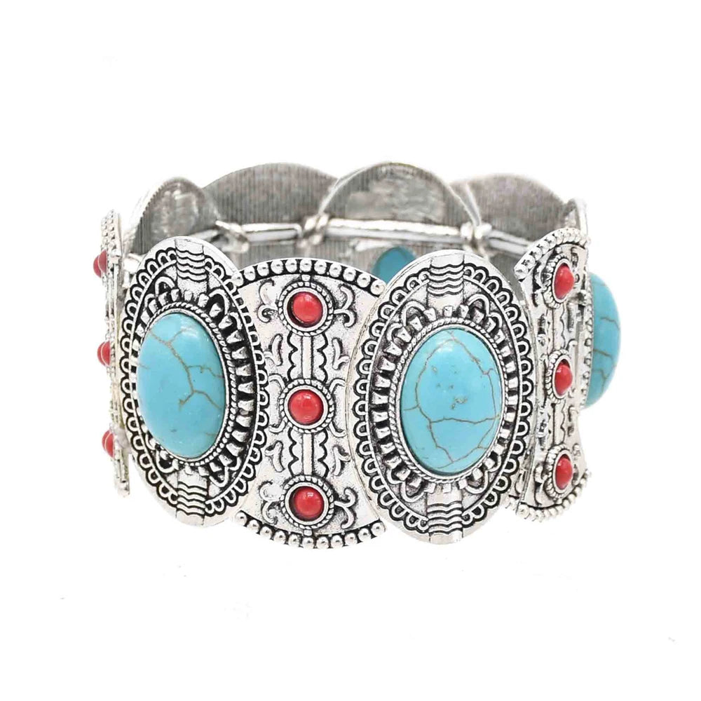 Gypsy Tribal Tibetan Bracelet für Damen & Herren – Boho Vintage Silber Turquoise Elastisches Bangle – Afghanisches, Türkisches, Ethnisches Indisches Schmuckstück