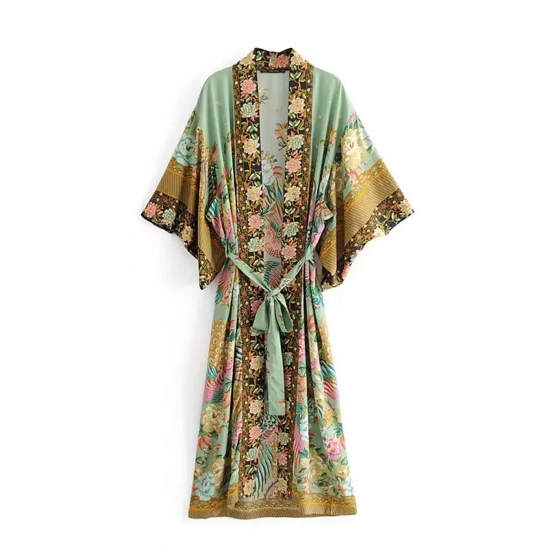 Happie Queens Bohemian Kimono Maxi Robe für Damen mit Pfauen- und Blumenprint – V-Ausschnitt, Batwing-Ärmel, Sommer-Bikini-Überwurf