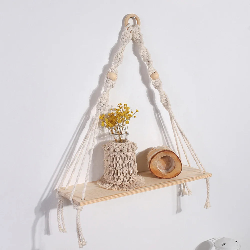 Boho Wooden Macrame Floating Shelves – Handgefertigte Wandregale im Rustikalen Stil für Pflanzen und Dekoration