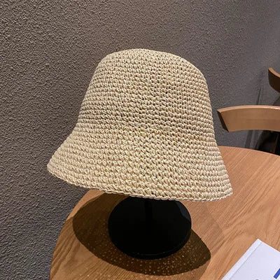 Stilvoller Koreanischer Strohhut für Damen – Sommerlicher Bucket Hat im Panama-Stil mit Visor und Handgewebtem Design