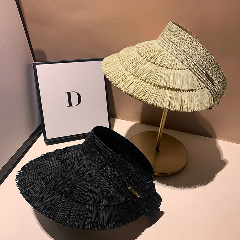 Designer Strohhut für Damen mit Fransen – UV-Schutz, Sommerlicher Beach Hat für Outdoor und Sonne