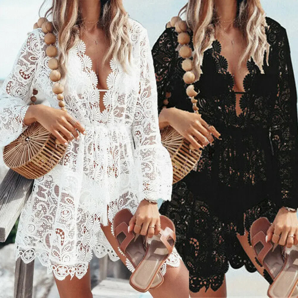 Boho Häkelkleid Weiß – V-Ausschnitt mit Spitzenbesatz, Strandkleid, Tunika, Bikini Cover-Up und Pareo für Damen