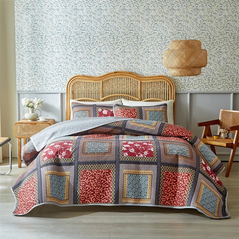 Boho Floral Patchwork Bettdecken-Set – Reversible Soft Bedding für Alle Jahreszeiten, Farmhouse & Garten Stil