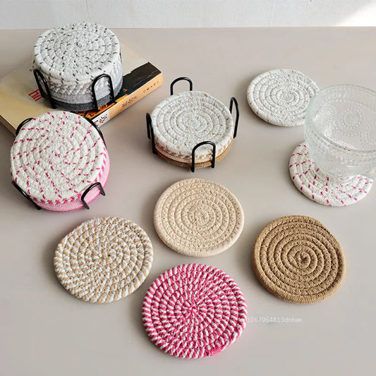 8er-Set Absorbierende Untersetzer für Getränke mit Halter – Minimalistische Baumwollgewebte Coaster für Tischdekoration im Boho-Stil