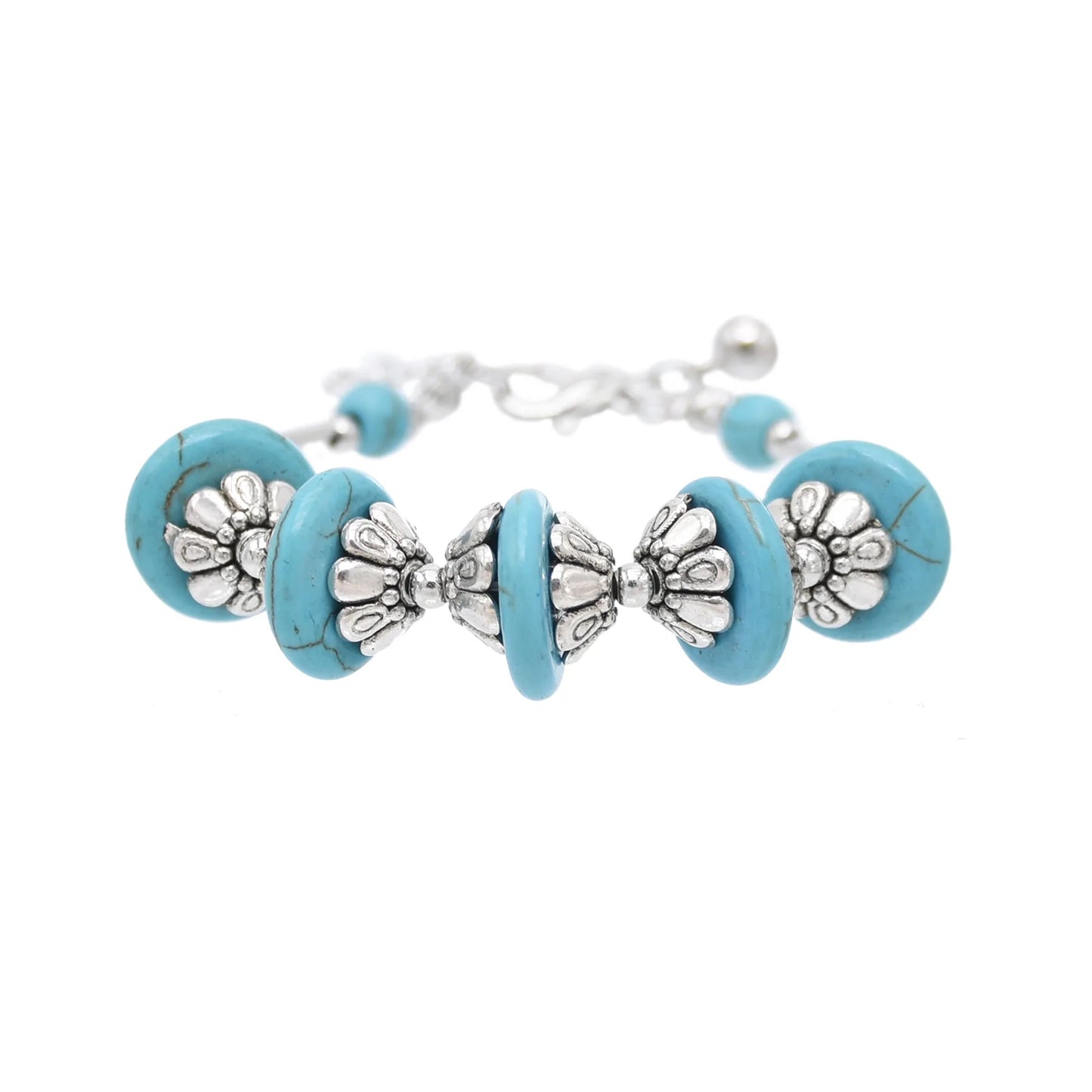 Gypsy Tribal Tibetan Bracelet für Damen & Herren – Boho Vintage Silber Turquoise Elastisches Bangle – Afghanisches, Türkisches, Ethnisches Indisches Schmuckstück