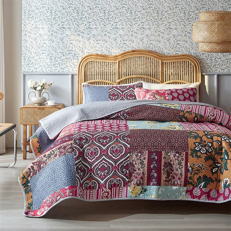 Boho Floral Patchwork Bettdecken-Set – Reversible Soft Bedding für Alle Jahreszeiten, Farmhouse & Garten Stil