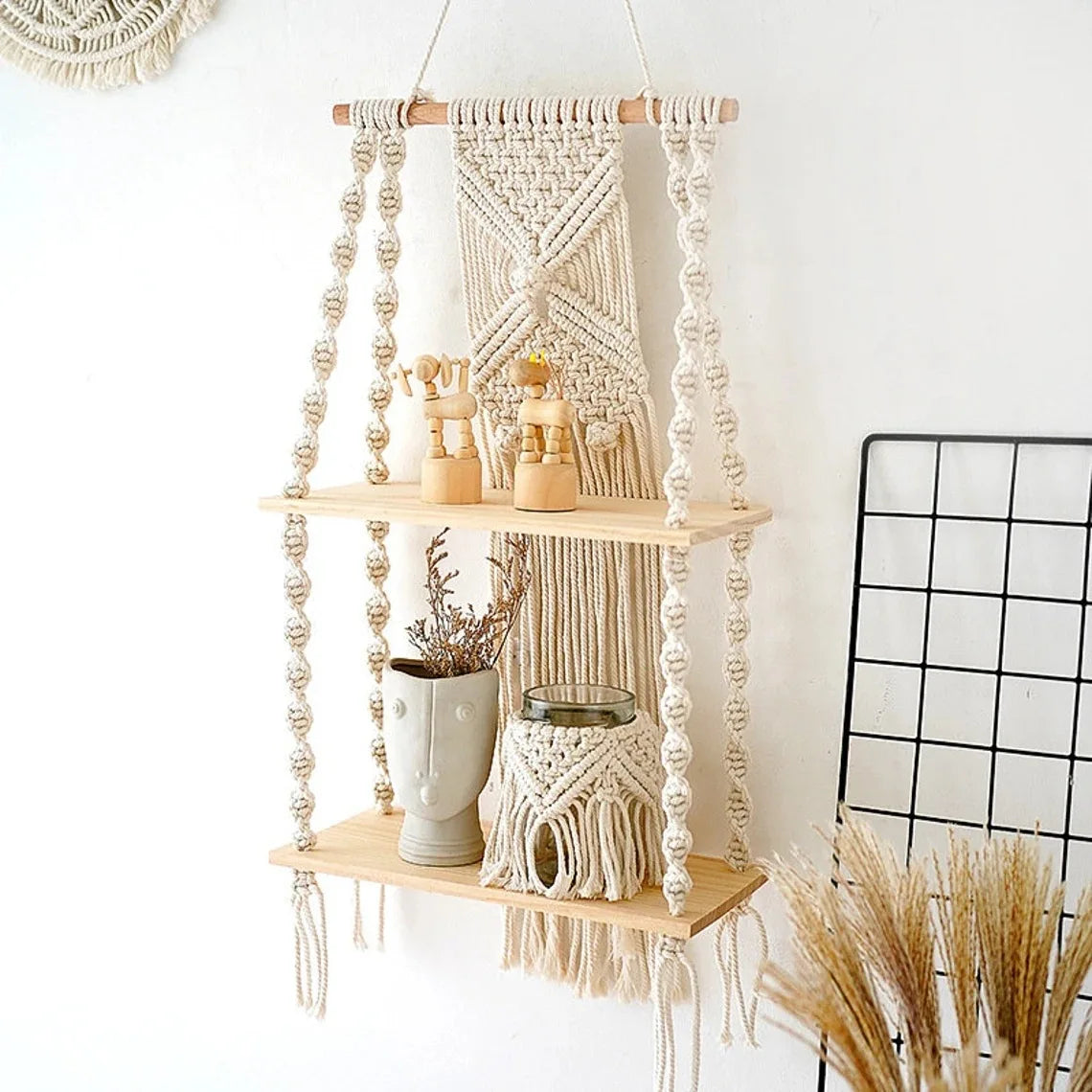 Macrame Wandregal im Boho-Stil – Dekoratives Holzregal für Pflanzen & Wohnaccessoires