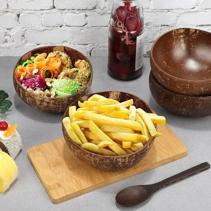 Natürliche Kokosnussschalen Set – 6/1 Stück Holzsalatschalen mit Löffel für Smoothies und Ramen