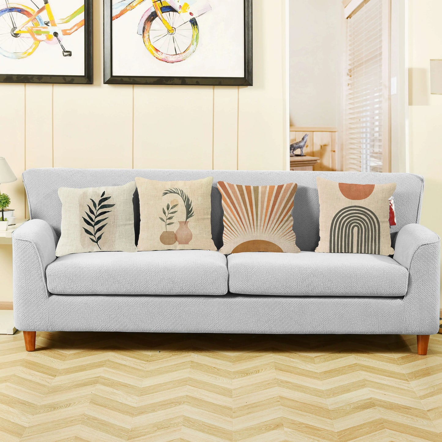 Boho Leaf Monstera Rainbow Sun Kissenbezug – Geometrisches Nordic Design für Ihr Zuhause