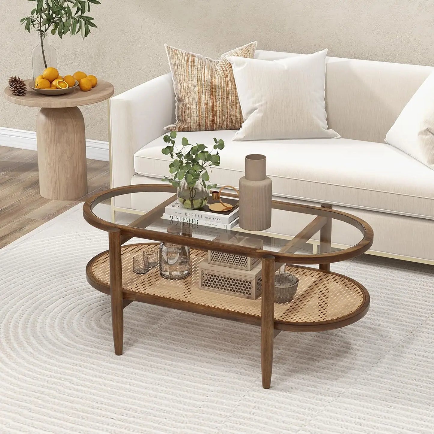 Boho Rattan Kaffeetisch, 40”L Ovaler Akazienholz Cocktailtisch mit Temperierter Glasplatte & PE Rattan Aufbewahrung, 2-Ebenen Design