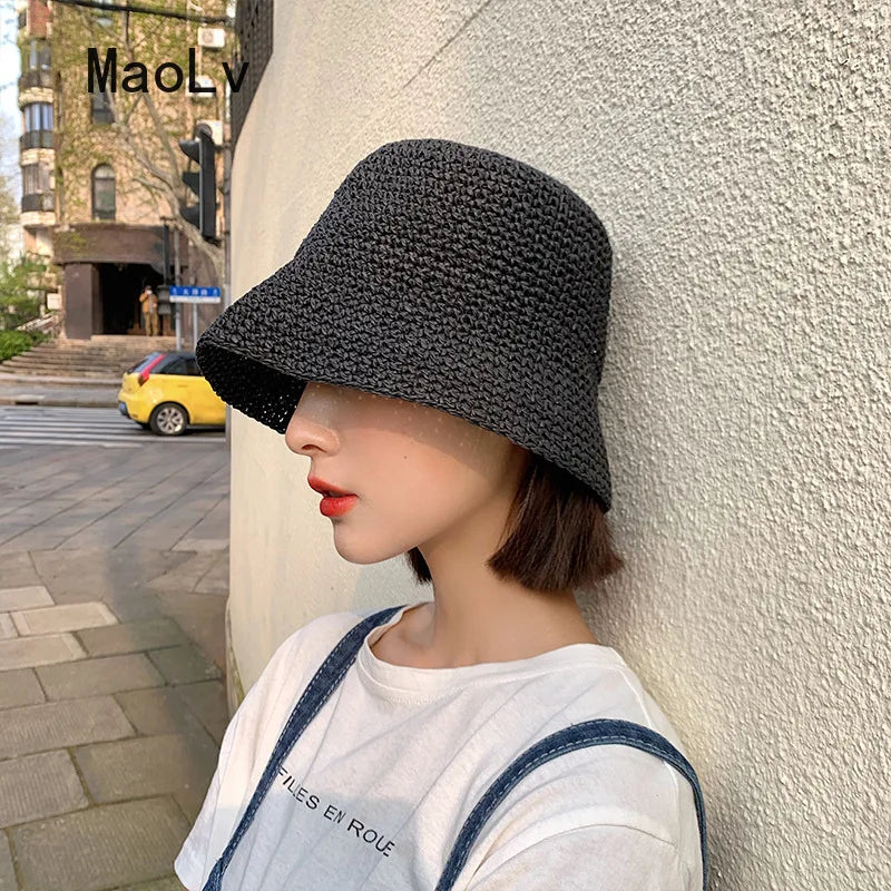 Stilvoller Koreanischer Strohhut für Damen – Sommerlicher Bucket Hat im Panama-Stil mit Visor und Handgewebtem Design