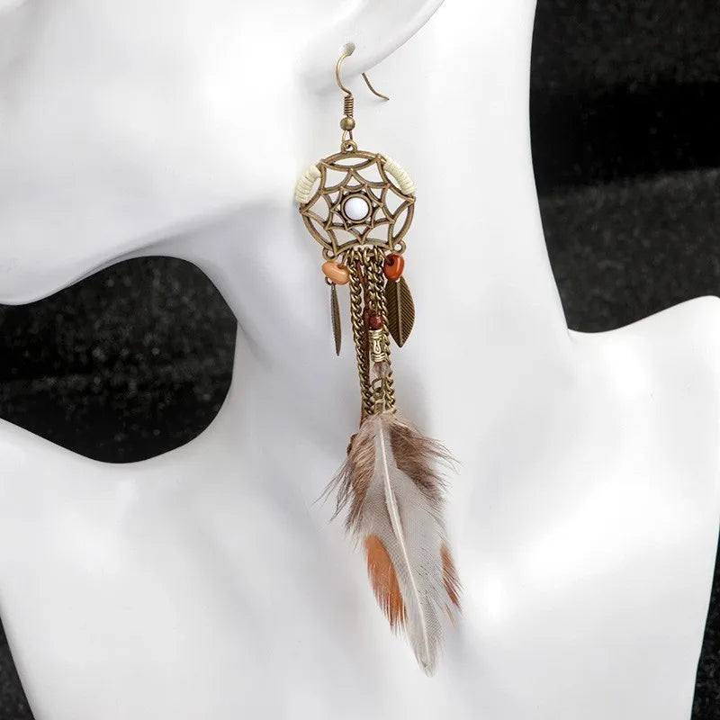 Boho Tribal Ethnische Dream Catcher Ohrringe mit Federn und Fransen – Vintage Style für Frauen