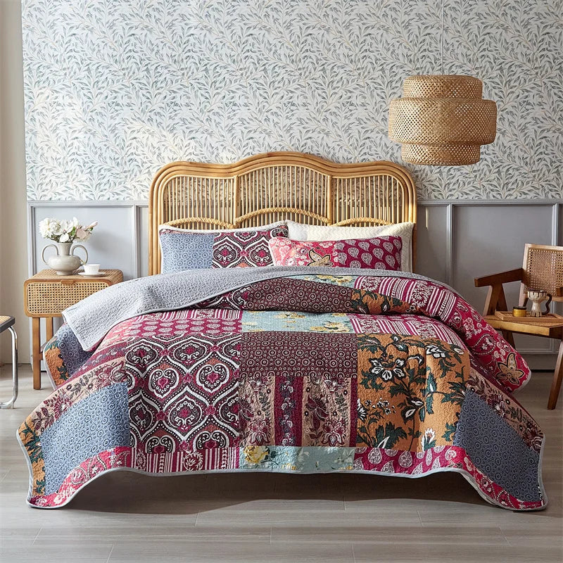 Boho Floral Patchwork Bettdecken-Set – Reversible Soft Bedding für Alle Jahreszeiten, Farmhouse & Garten Stil