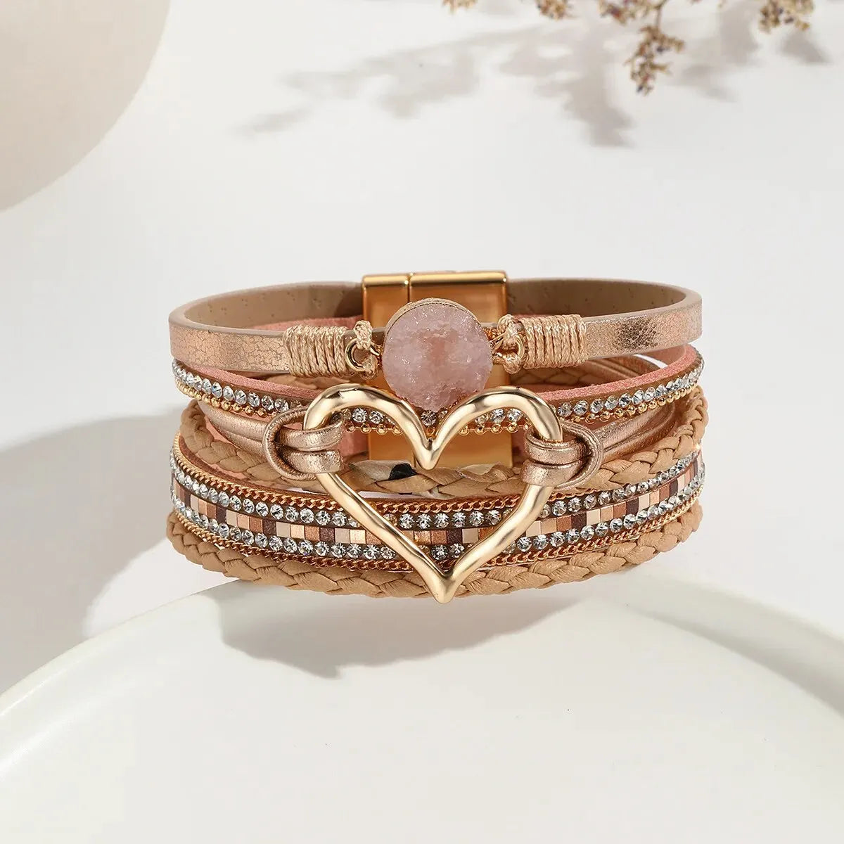 Boho-Lederarmband mit Herz-Charm – Fashion Armband für Damen mit Strass und Resin für Paare
