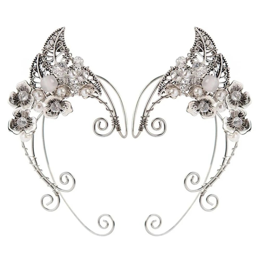 Elegante Vintage Elf Ohrclips mit Blatt- und Blumenmuster – Aluminium Draht, Kein Piercing erforderlich, für Frauen Cosplay Schmuck