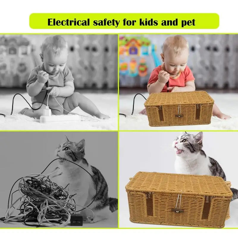 Handgefertigte Kabel-Aufbewahrungsbox aus Imitations-Rattan mit 4 Fächern – Praktischer Organizer für TV-Kabel, Computer, Router und USB-Ladegeräte