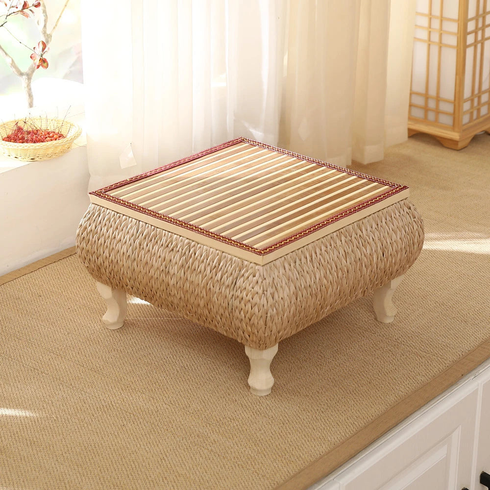 Minimalistischer Rattan-Couchtisch im Japanischen Stil mit Aufbewahrung – Schwebendes Fensterdesign aus Massivholz