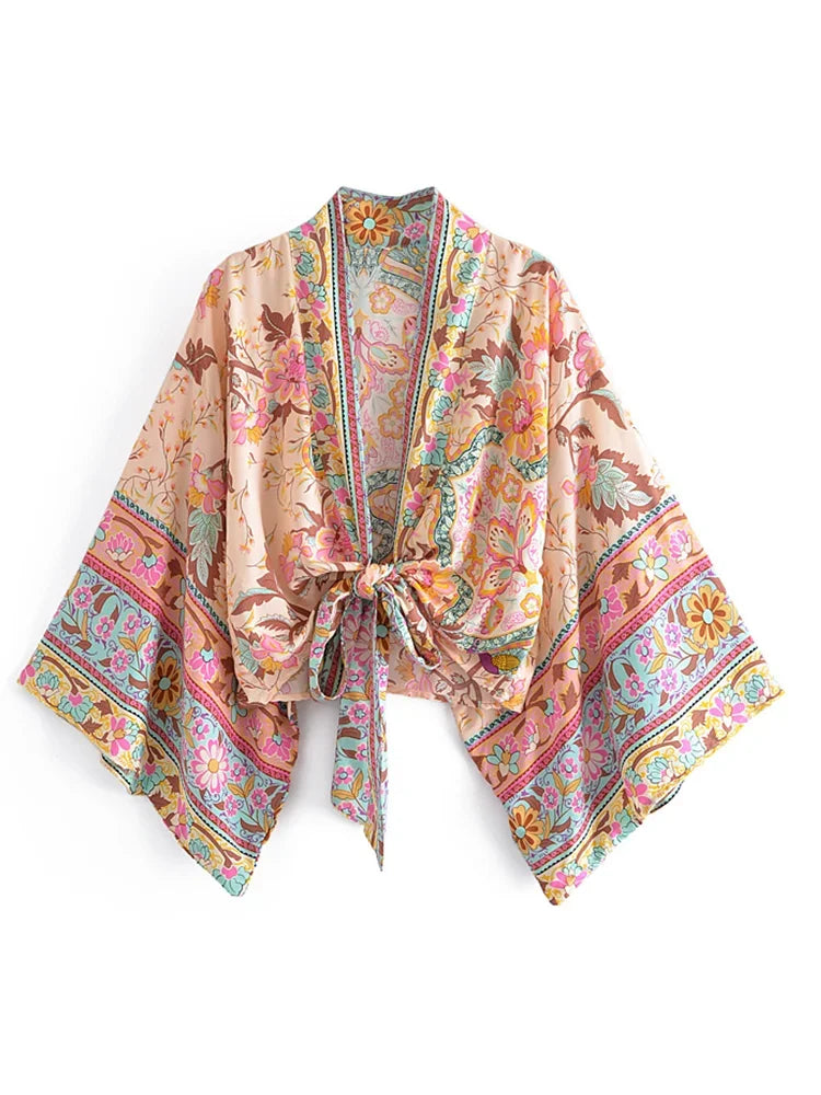 Boho Chic Vintage Peacock Floral Print Kimono für Damen – Batwing Ärmel Strandrobe aus Rayon und Baumwolle